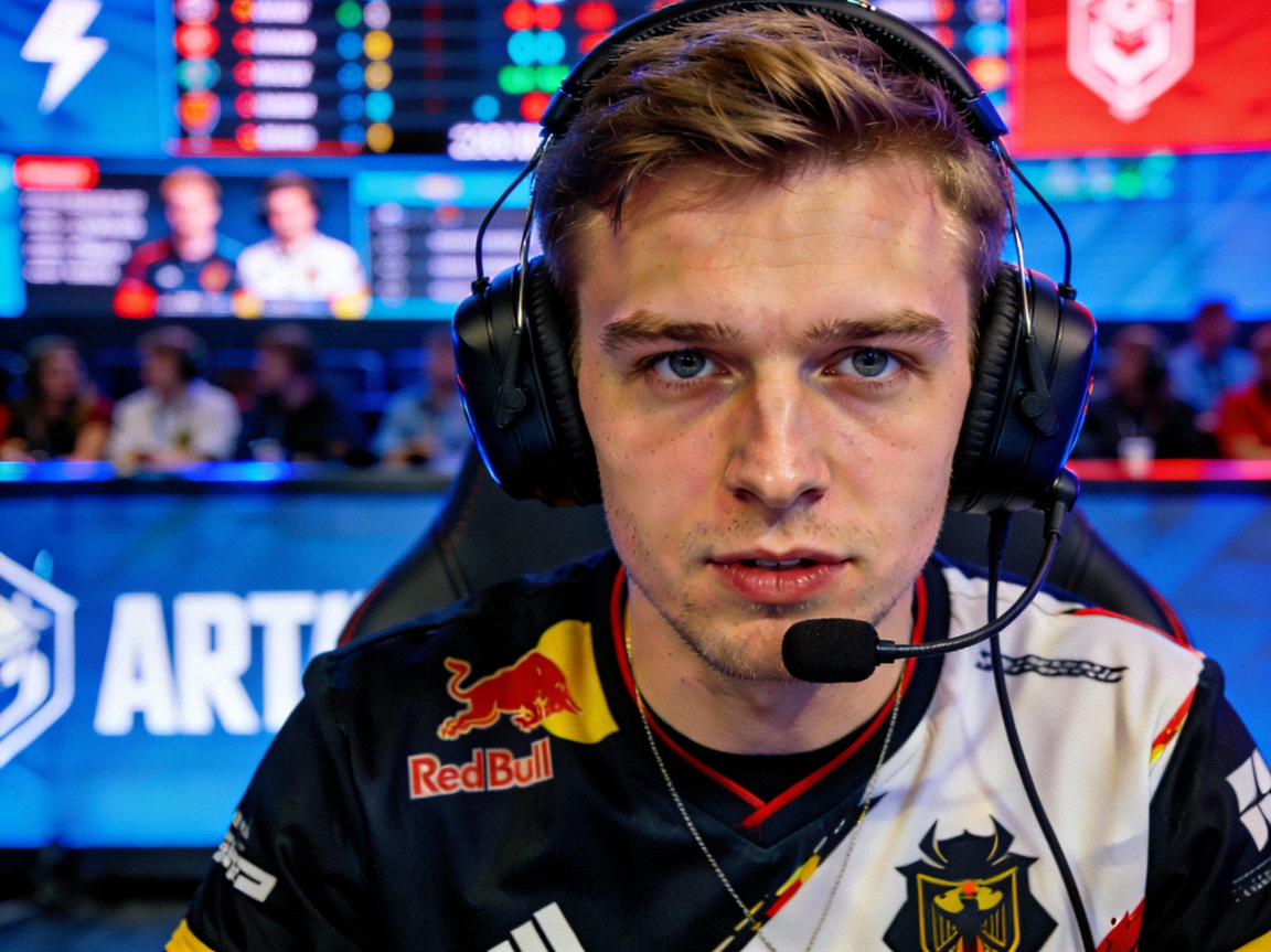 CS:GO明星选手s1mple在比赛中戴着耳机神情专注的正面镜头