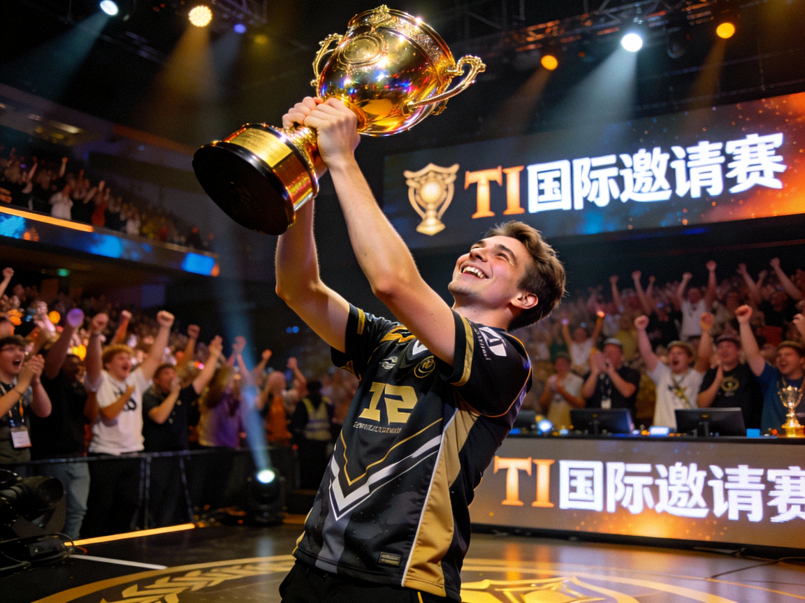 DOTA2选手Nisha在TI国际邀请赛舞台上举起奖杯的庆祝瞬间